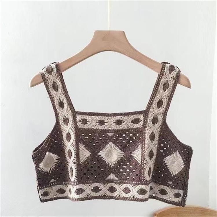 Product Introduction of Bohemian ethnic style small camisole vest embroidered hollow knit short piece for women's sleeveless interior 4