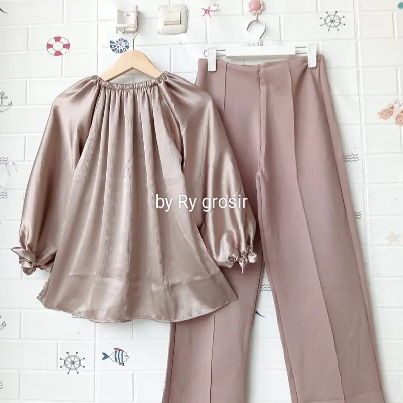 Setelan Wanita Naila Blouse Shimmer Celana scuba Panjang 4