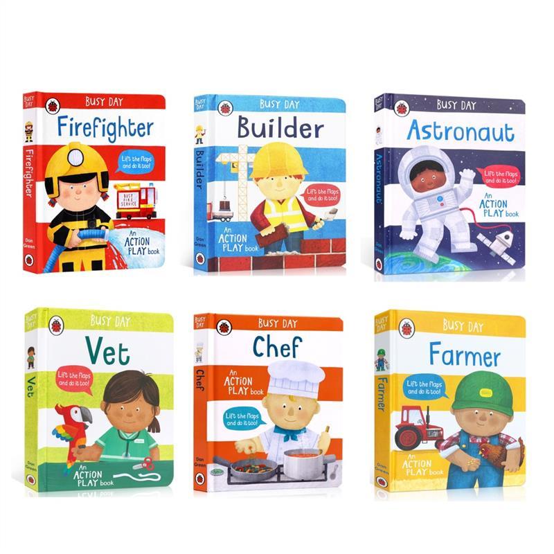 Product Introduction of original 2+y Busy Day Jobs Books Series：Chef/Firefighter/Builder/Farmer，An Action Play Book Lift The Flaps Hardcover 25