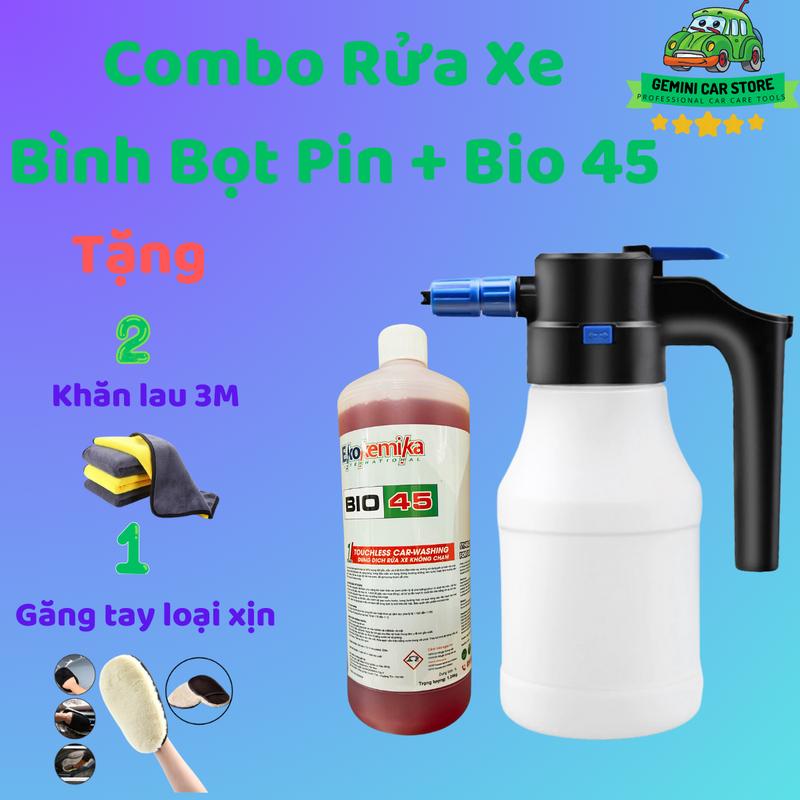 Combo rửa xe Bình Pin tạo bọt tuyết và nước rửa xe không chạm Ekokemika. Tặng 2 khăn và 1 găng tay xịn máy  tạo