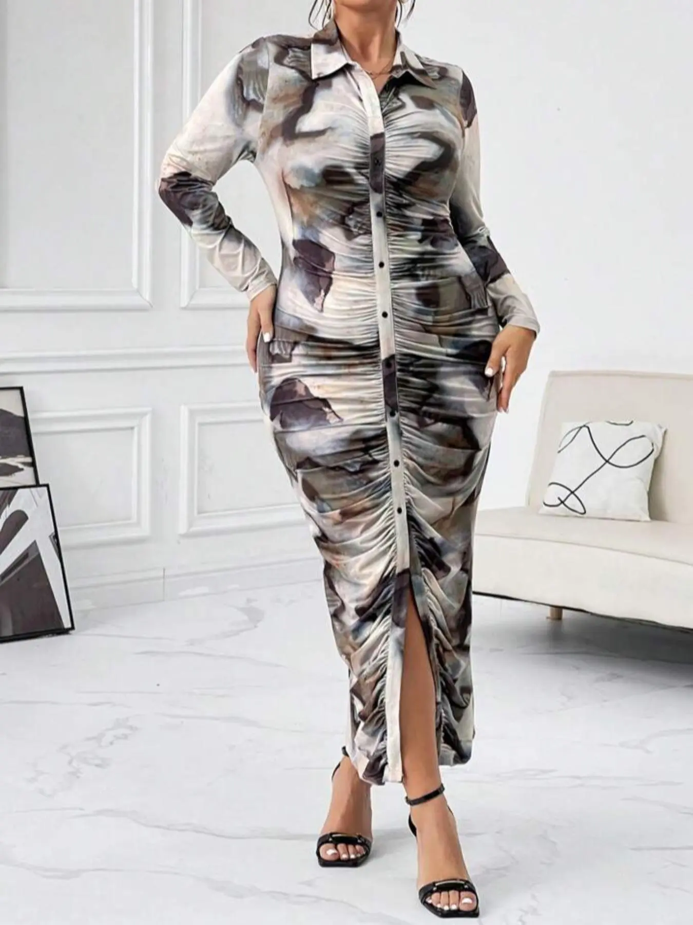 【Plus Size】 All Over Print Ruched Split Hem Shirt Dress, Elegant Long Sleeve Collared Bodycon Dress for Spring & Fall, Women's Clothes for Daily Wear, Gift Set