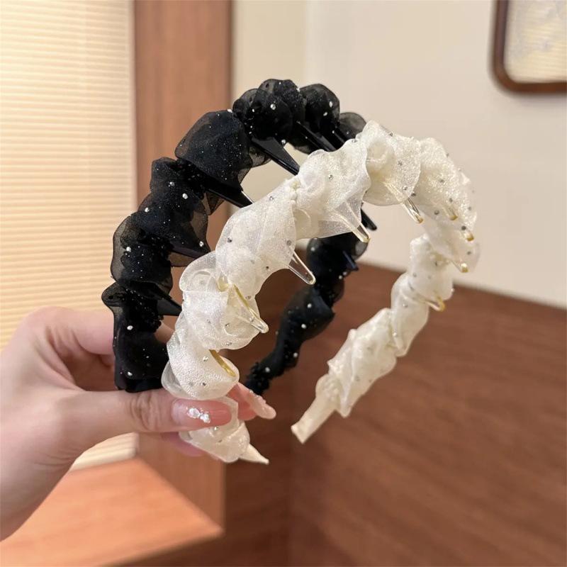 Bờm Tóc Đeo Đầu Cao, Thiết Kế Xếp Nếp Và Bong Bóng Đính Cườm, Zou Organza, Thích Hợp Để Rửa Mặt, Gãy Tóc, Phân Loại Phụ Kiện Tóc, Thanh Lịch, Hàng Mới Về