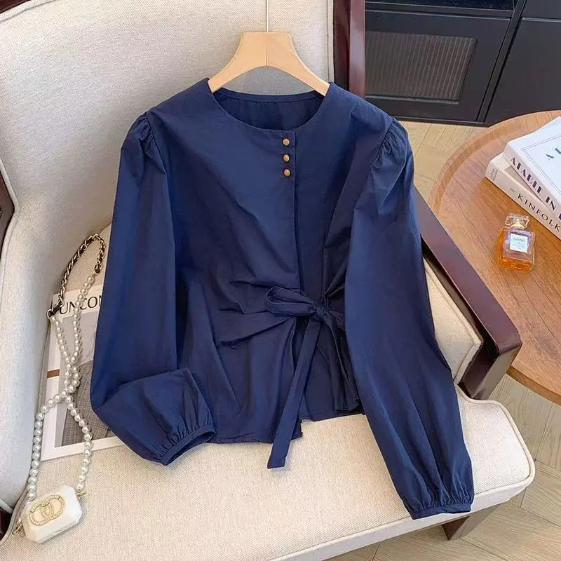 Áo Cánh Dài Tay, Phong Cách Hàn Quốc, Thanh Lịch, Dành Cho Nữ, Trang Phục Mùa Thu, Với Băng Quấn Nơ, Áo Sơ Mi Sang Trọng Thiết Kế Bất Đối Xứng Áo Độc Đáo