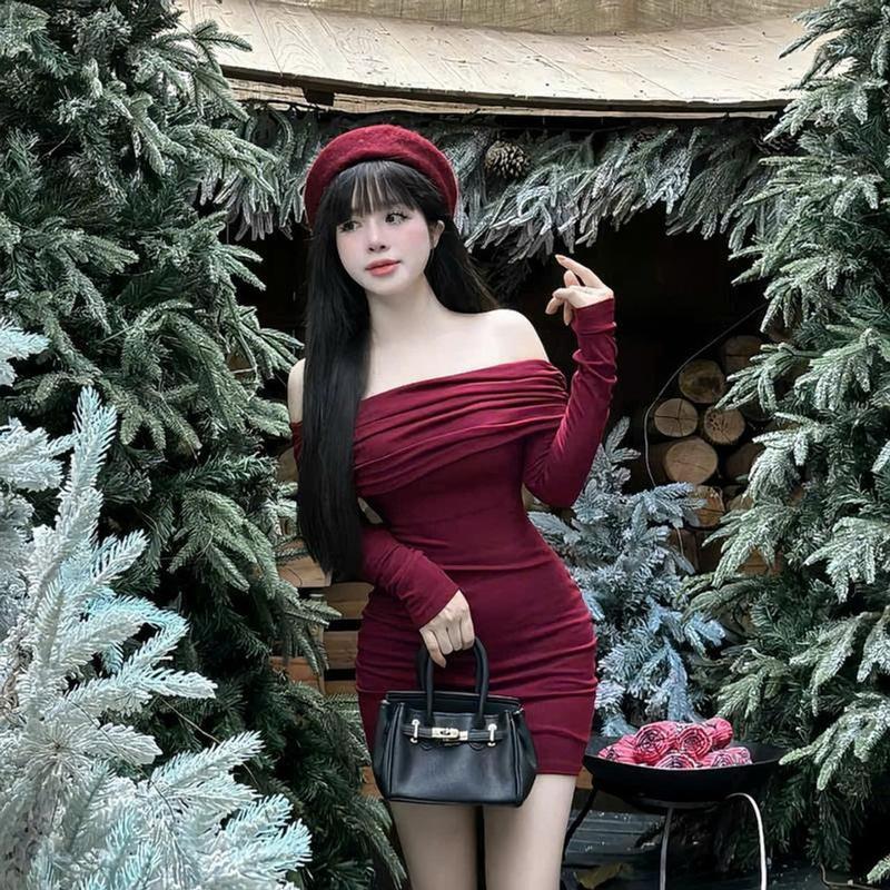 Đầm Body Trễ Vai Dáng Suông Form Dài Ngắn Chất Thun Găn Tăm Dễ Thương xᶖnh Xắn Thích Hợp Đi Tiệc Đi Chơi H  m  đỏ sang vàng Nữ Women 7
