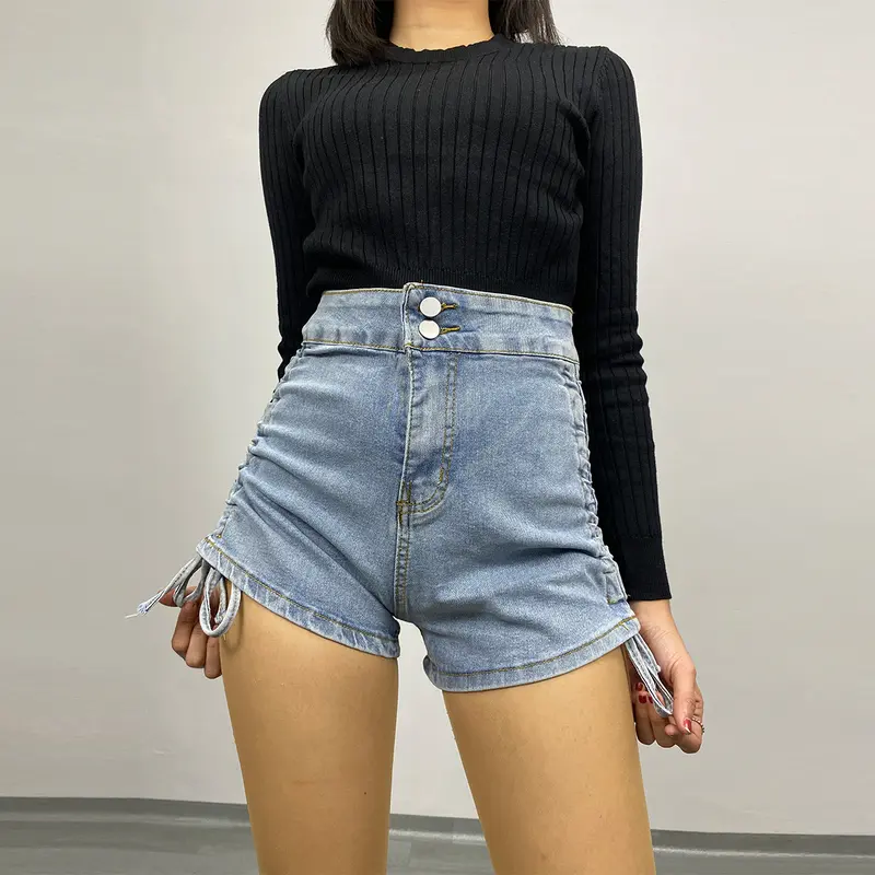 Celana Pendek Jins Atas Pinggang Wanita Dengan Tali Serut Samping DFS P180 7
