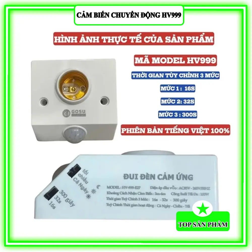 Chui đèn cảm ứng chuyển động GOSU E27, cảm biến hồng ngoại tự động bật sáng khi có người tới gần - Phiên bản Tiếng Việt