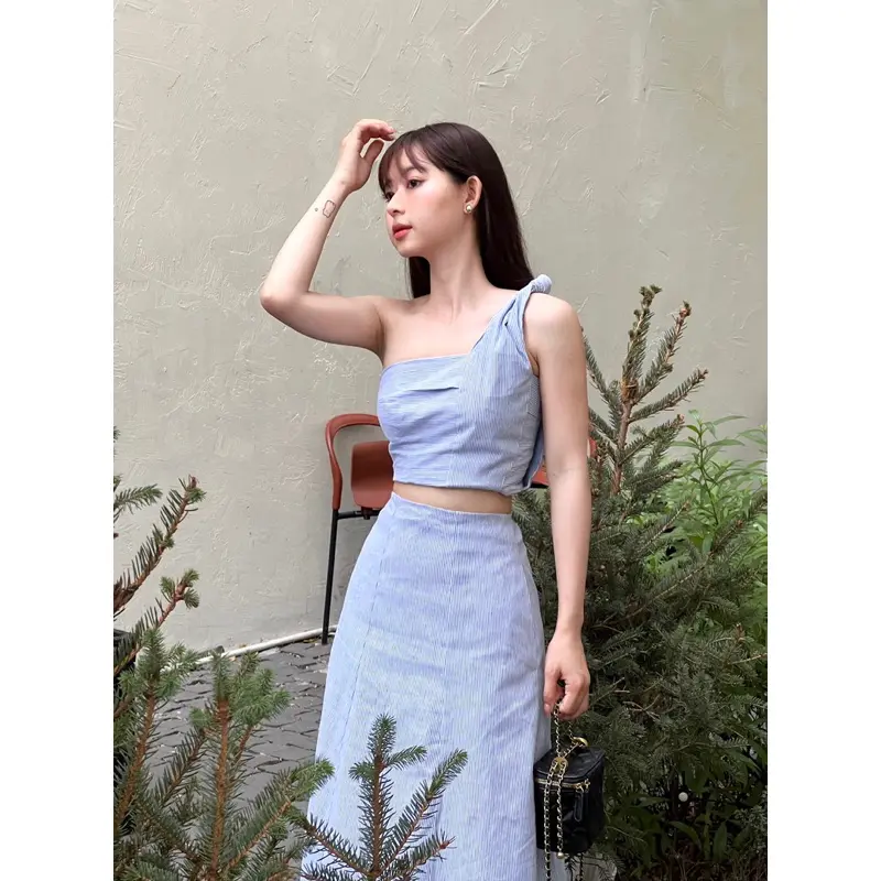 LILLIE | Set váy nữ lệch vai xoắn dây Linen (Top & Skirt) Áo Women Nhung