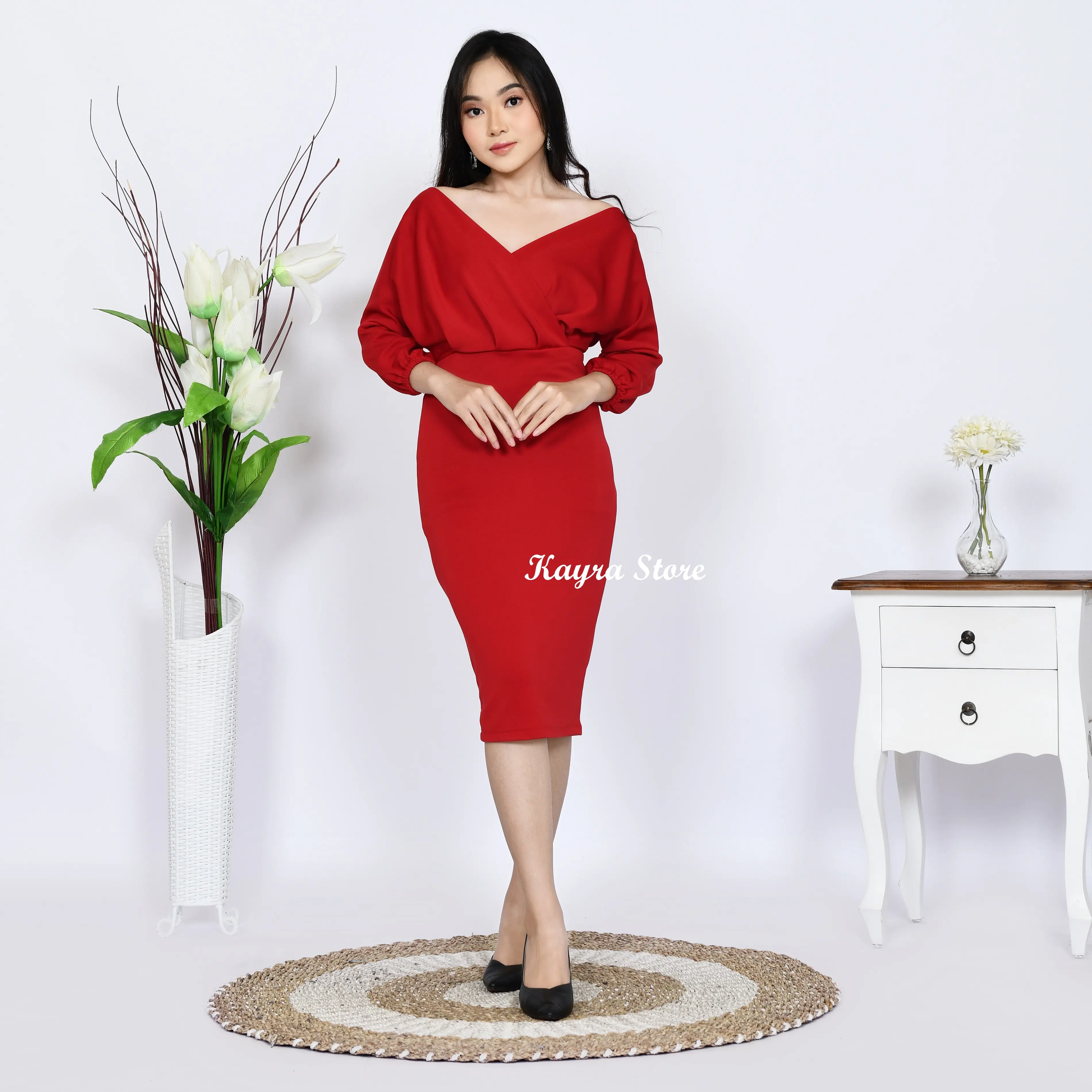 Midi Dress Sabrina Party Casual bodycon Cantik Kain