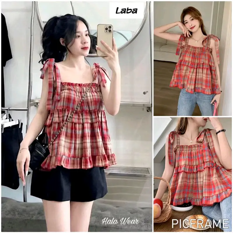 Áo Nữ, Áo Caro cột nơ dễ thương xinh sắn 2 màu chất liệu y hình UN_0059 Women Top