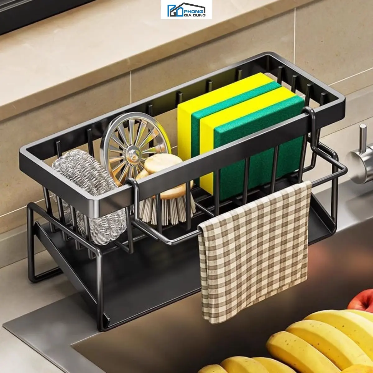 Giá để đồ rửa chén bát kèm thanh treo khăn chất liệu thép không gỉ có khay hứng nước Kitchen