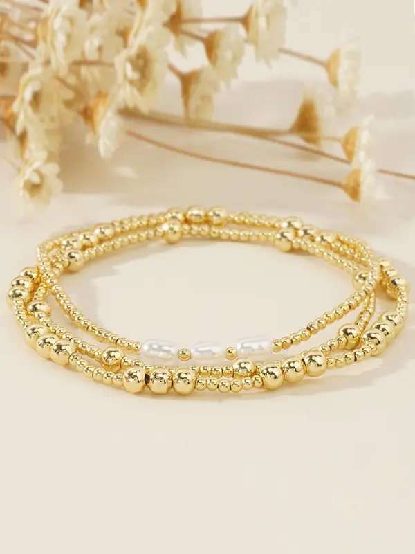 Boho Style Faux Pearl Decorated Beaded Bracelet, Fashionable Elastic Bracelet for Women & Girls, Trendy All-match & Exquisite Jewelry for Birthday Gift 0