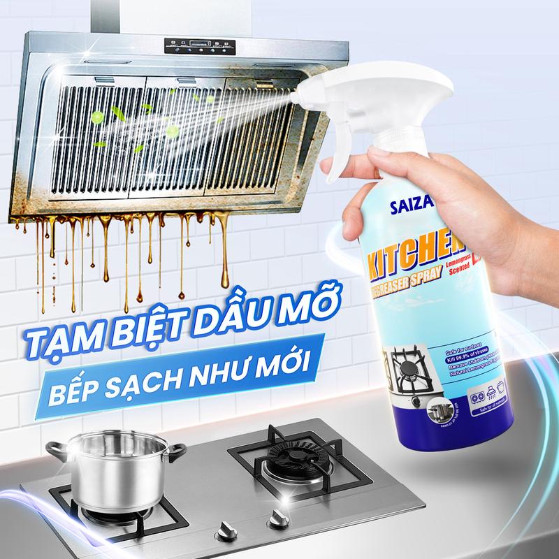 Xịt Vệ Sinh Nhà Bếp Đa Năng SAIZA 500ml – Tẩy Dầu Mỡ Cứng Đầu, Khử Mùi Hôi, Thơm Hương Chanh Sả