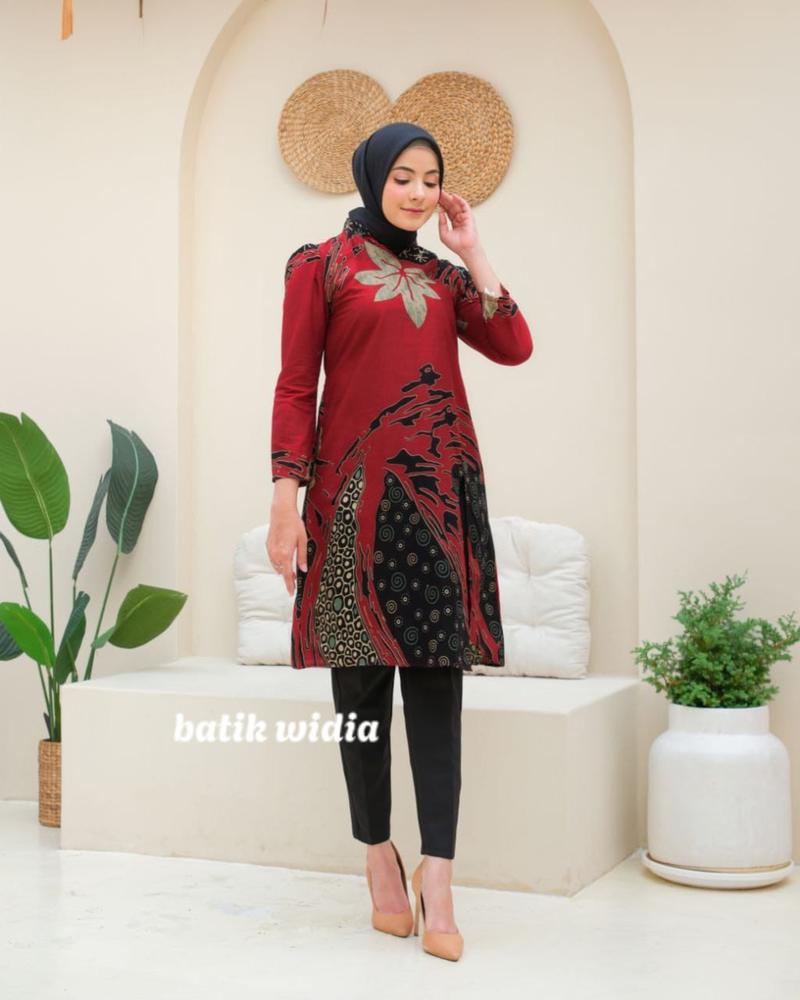 Product Introduction of Tunik Batik Modern Wanita Lengan Panjang Puffy Shoulder Tunik Mustika By Batik Widia Katun Motif Seragam Kerja 3