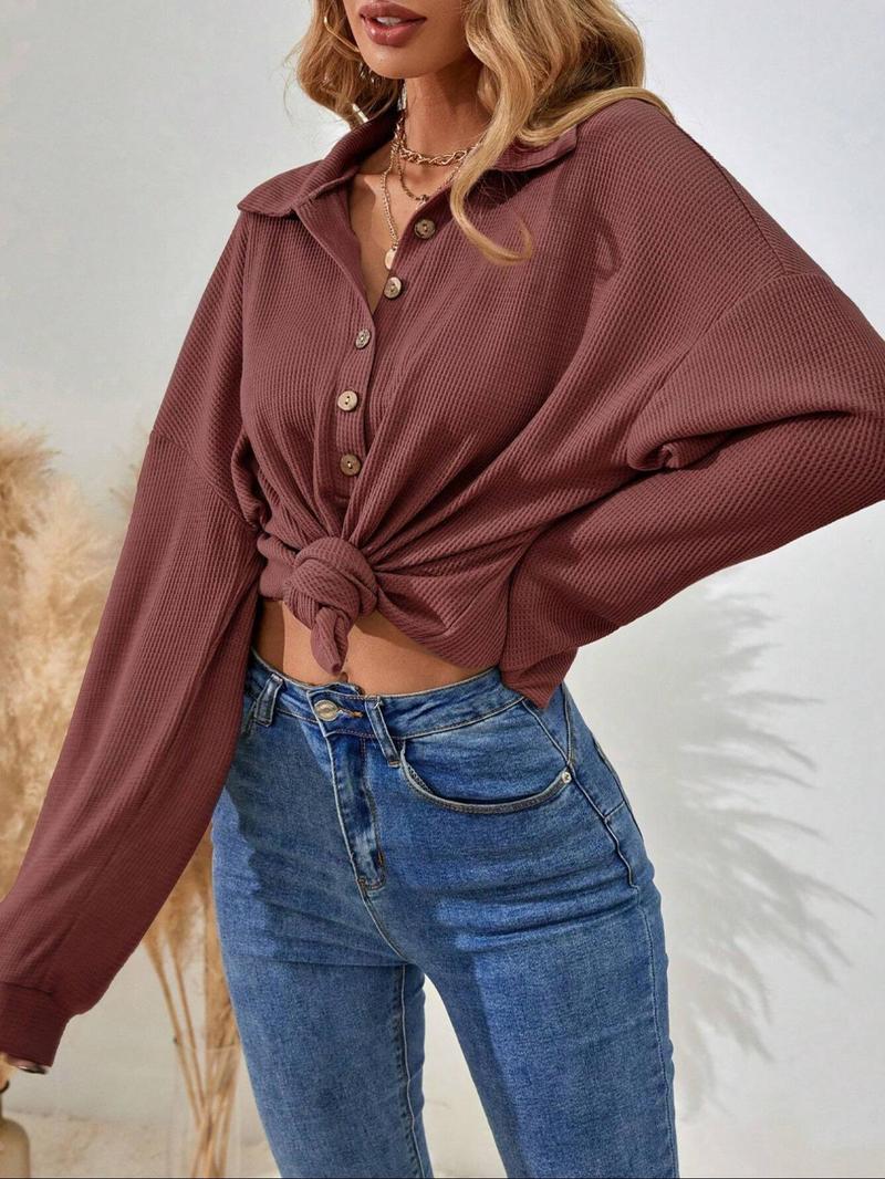 Product Introduction of Women's Plain Half Button Drop Shoulder Tee, Casual Long Sleeve Collared Top for Spring & Fall, Women's Clothing for Daily Wear 12