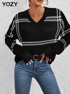 YOZY Women's Plaid Print Drop Shoulder Sweater, Casual Long Sleeve V Neck Jumper for Fall & Winter, Fashion Ladies' Knitwear for Daily Wear