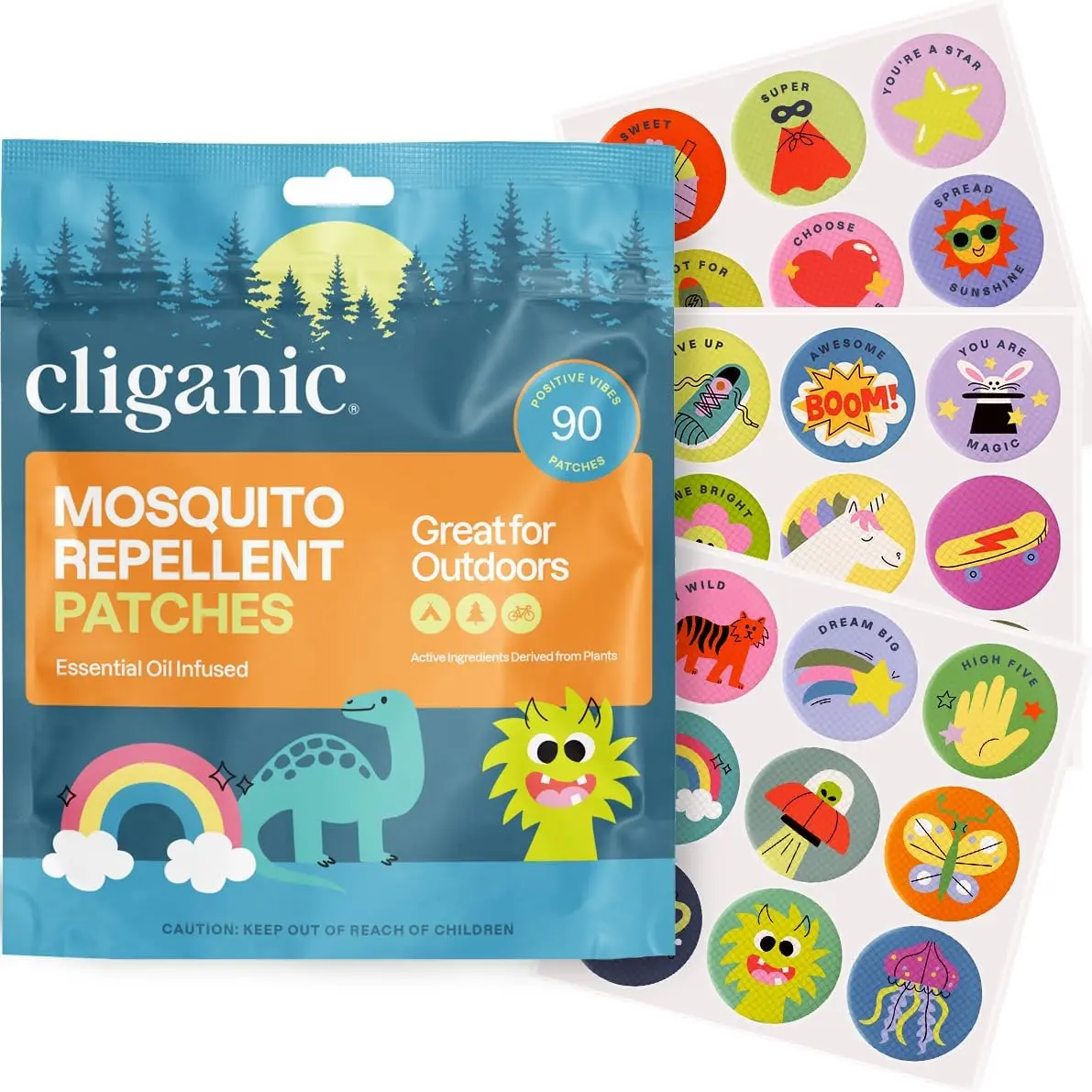 Mosquito Repellent Stickers (90 Pack) - Positive Vibration Patches for Kids, Natural Dye-Free, Infused with Essential Oils