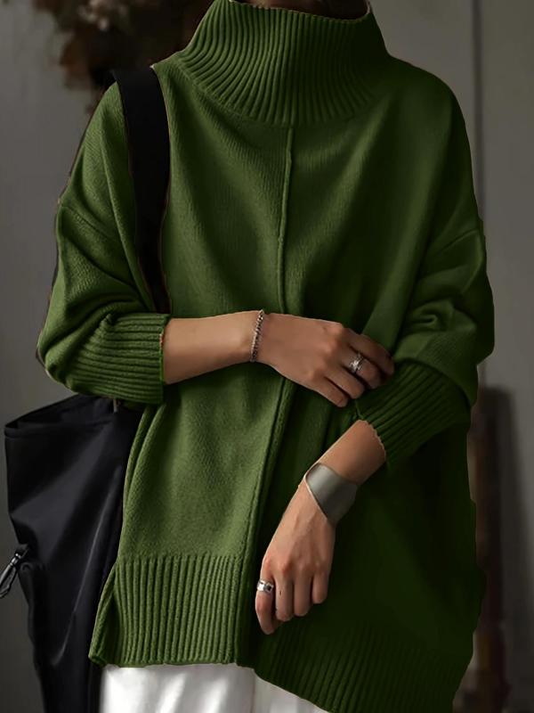 Women's Solid Color Drop Shoulder High Neck Sweater, Casual Long Sleeve Jumper for Spring & Fall, Fashion Women's Knitwear for Daily Wear 5