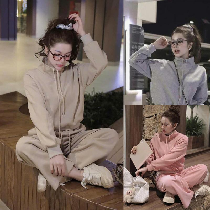  Set bộ đồ nỉ 2 da áo cổ lọ kéo khóa lửng mix quần dài Set đồ nữ áo dài tay phối quần suông dài đơn giản basic dáng thể thao 