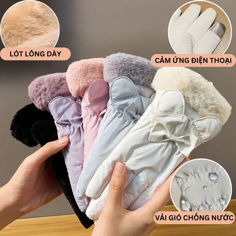 Găng tay nữ mùa đông lót lông cản gió, Găng tay vải chống nước giữ ấm gắn nơ thời trang SLEEPYCHIC 0