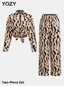 YOZY Self-knotted Shirt & Elastic Waist Pants Set, Casual Long Sleeve Collared Button Front Top & All Over Print Baggy Trousers, Women's Daily Wear for All Seasons