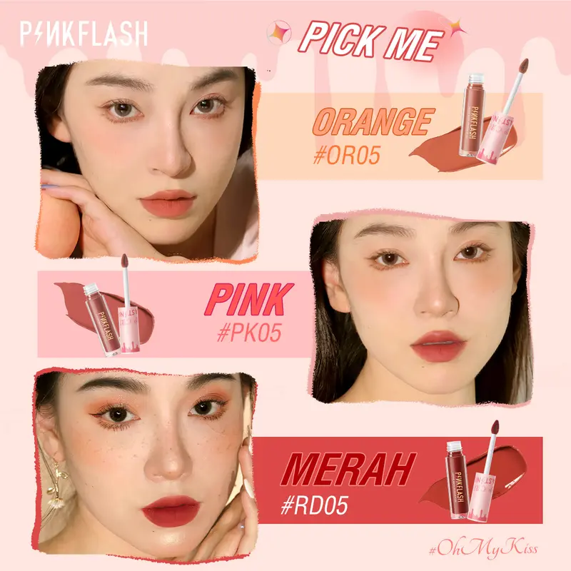 [Official] PINKFLASH OhMyKiss 3pcs Soft Matte Finish VE Moisturising Long-lasting Waterproof Non-sticky Liquid Lipstick Makeup Set liptint set lasting  gloss 2
