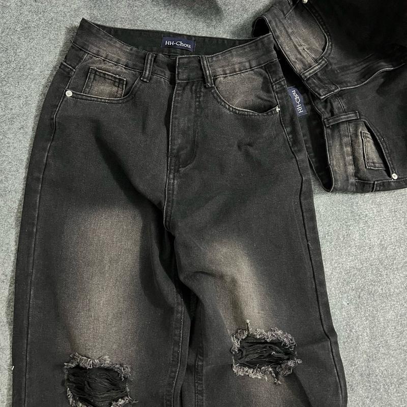 Kang (S-2Xl) Quần Jeans Suông Rách Màu Đen Wash 2 bênWomen Pants 6