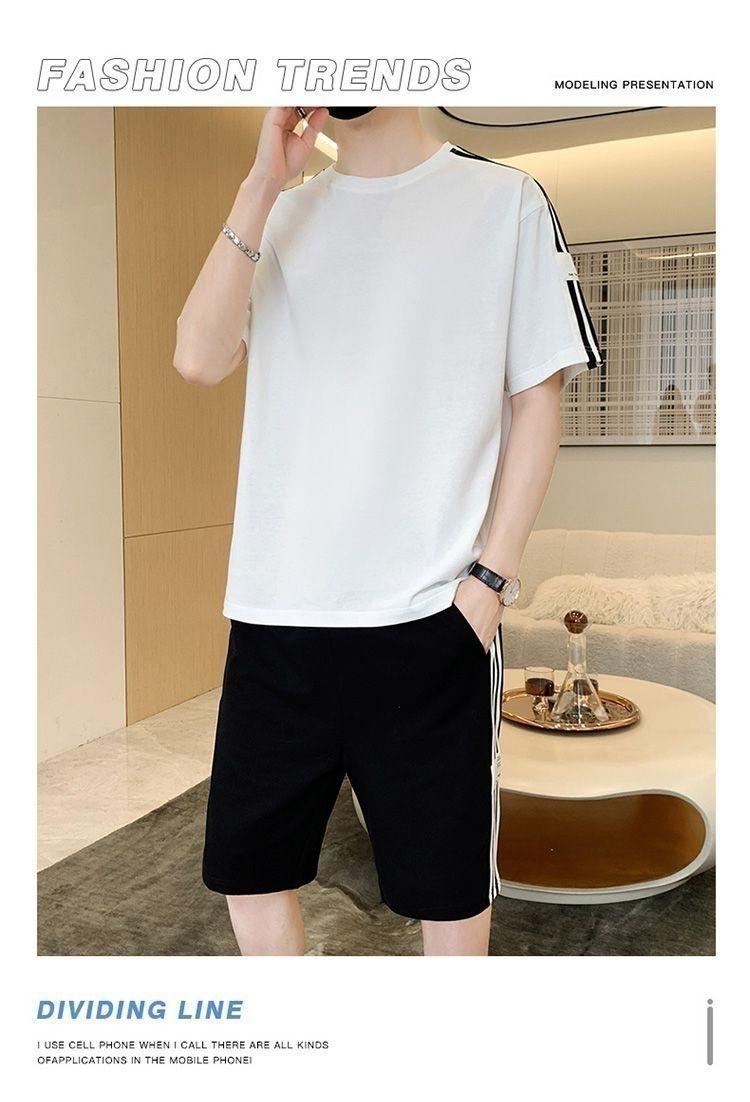 Product Introduction of Summer Men's Fashion Set Trendy Full Set Casual Loose Stylish Shorts Set One Complete Set with Three Stripes Sports 12