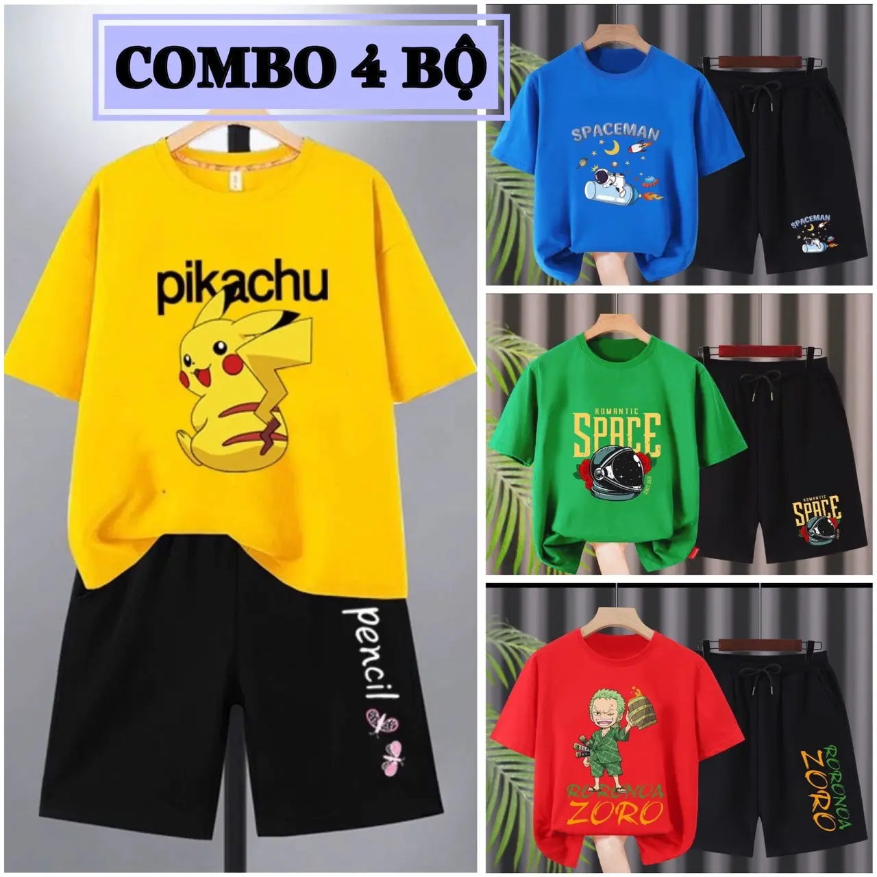 Combo 4 Bộ quần áo trẻ em nam,  bộ đồ bé trai ( có size từ 17 đến 40kg ) chất thun thái mềm mát, co giãn thấm hút mồ hôi, quần lửng, áo cộc tay.