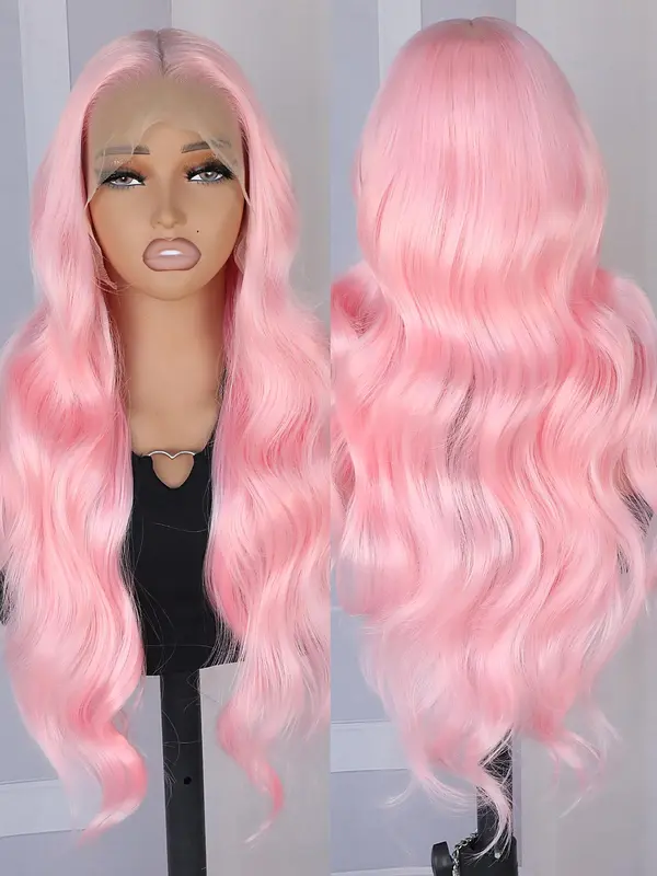 26 Inch Pink Long Body Wavy Synthetic Lace Front Wigs for Women, Natural Looking Gorgeous Fluffy Wigs without Bangs, Heat Resistant Glueless Wigs, Synthetic Lace Wigs for Party, Daily Use 4
