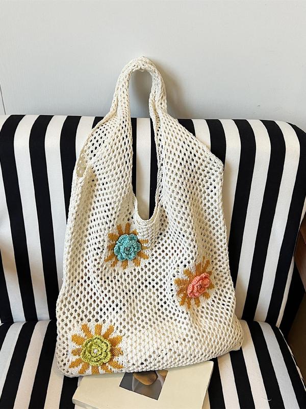 Women's Colorblock Flower Design Crochet Tote Bag, Casual Versatile Shoulder Bag for Daily Used, Trendy High-quality Daily Commuting Bag, Girl Fashionable Shopping Bag 4