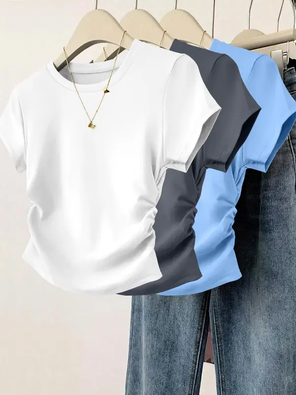 Women's Plain Curved Hem Ribbed Tee, Casual Short Sleeve Round Neck T-shirt for Daily Wear, Ladies Clothes for All Seasons, Top, Womenswear 3