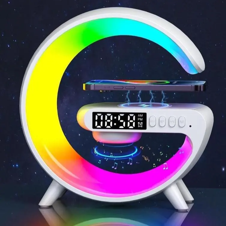 Ritm musik RGB speaker G63 Light al Speak 10W mobile wireless charger mendukung masukan AUX kartu TF Jam Led Ponsel Telepon Lighting Putih 7