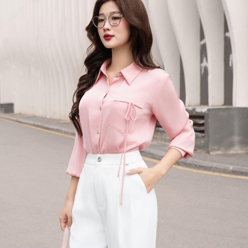 Áo sơ mi lụa tay dài phối cổ LA444 3