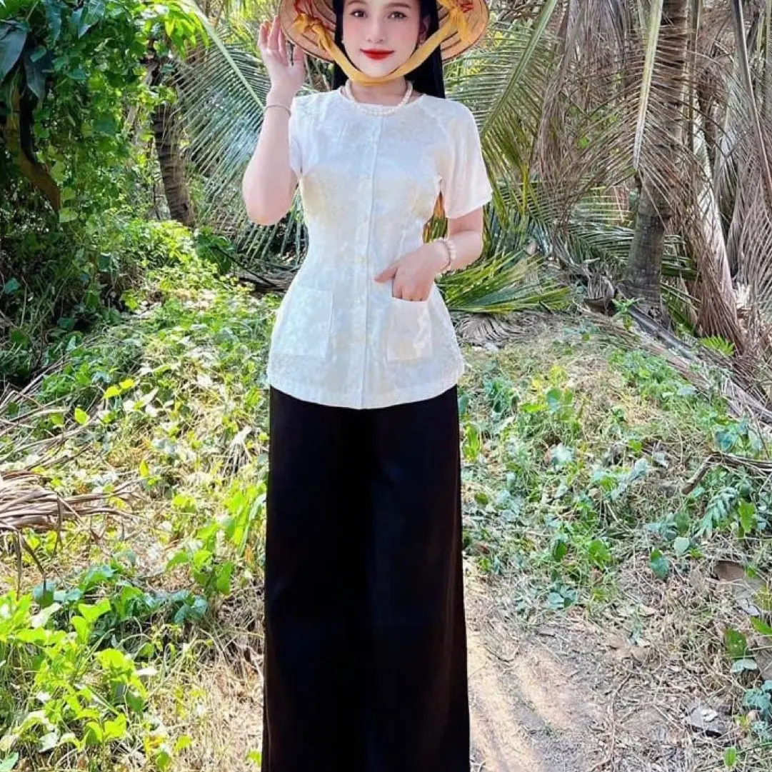 Bộ Quần Áo Bà Ba Gấm Tay Ngắn Cổ Tròn Có Túi Áo Women Top Thun áobà