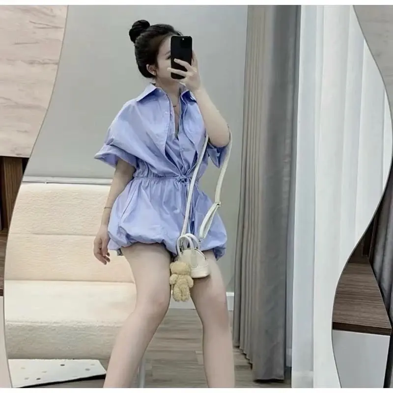 ￼Jumpsuit sơ mi trắng tùng bồng có quần bảo hộ , Đầm sơ mi kiểu nữa bo chun eo có dây buộc cao cấp [SẴN] DH STUDIO 2