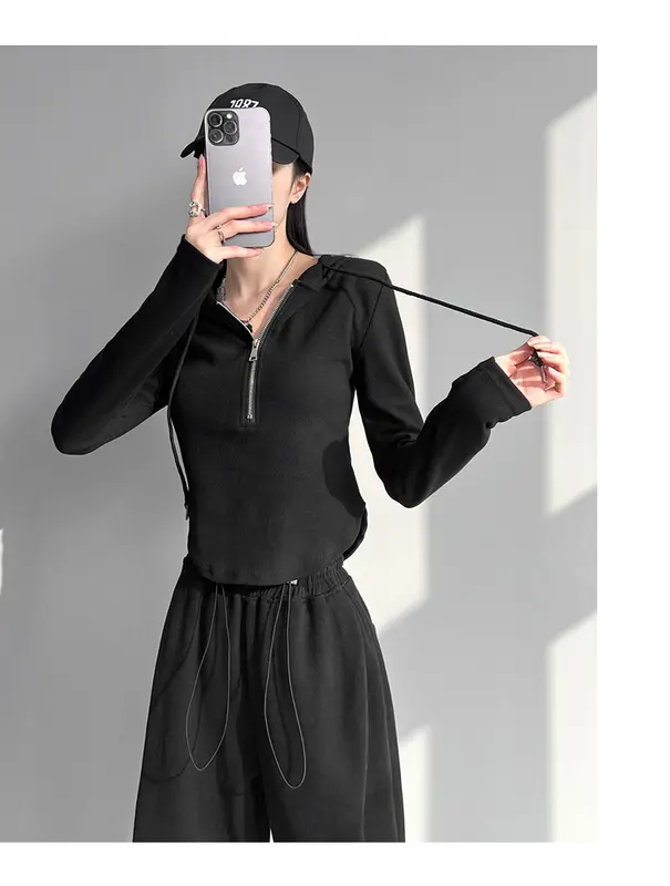 YF001 hoodie wanita |  Zip Front Hoodie |   lengan panjang |  pakaian wanita  |   Fit |   Basic |  Putih |  Hitam | Sweater |  Fleece |  Crewneck Nyaman Simple Baju Oversize Atasan Lembut Sweatshirt 7