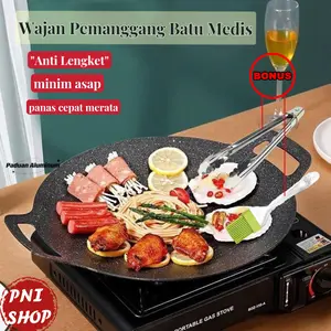 Alat Panggang multiguna grill pan /Alat pemanggang / Tempat pemanggang bulat BBQ Piring pemanggang/Wajan Panggangan Grill Pan Korea Datar Anti Lengket Ukuran 34cm Wajan Kitchenware Teflon Baja