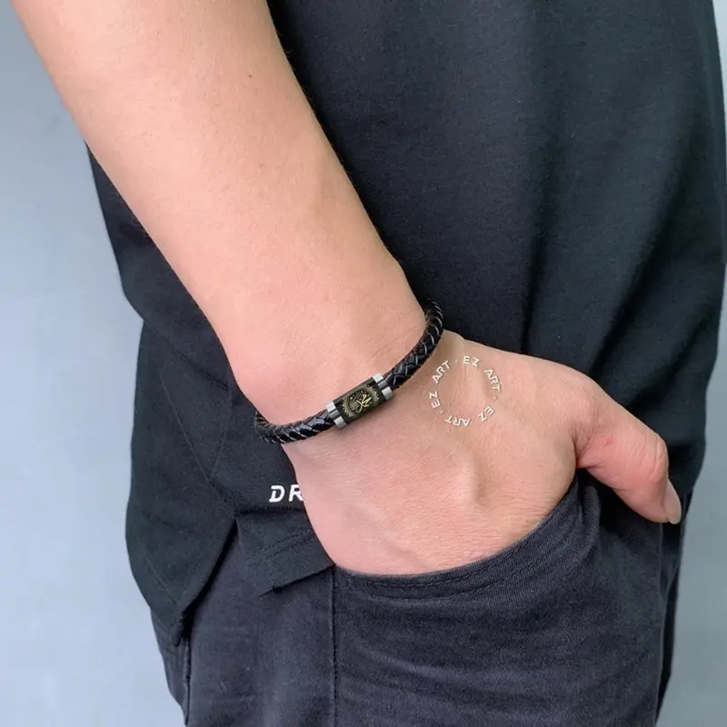GELANG SIMPLE LAFADZ TAUHID ALLAH MUHAMMAD ISLAM MUSLIM TALI KULIT KEPANG GAMBAR KACA EPOXY TABUNG STAINLESS STEEL 6