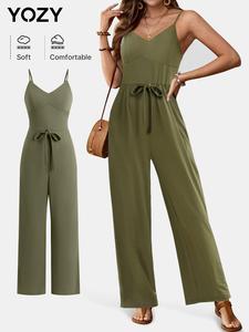 YOZY Women's Solid Shirred Tie Front Pocket Cami Jumpsuit, Casual Adjustable Strap V Neck Straight Leg Jumpsuit for Daily Wear, Ladies Clothes for All Seasons