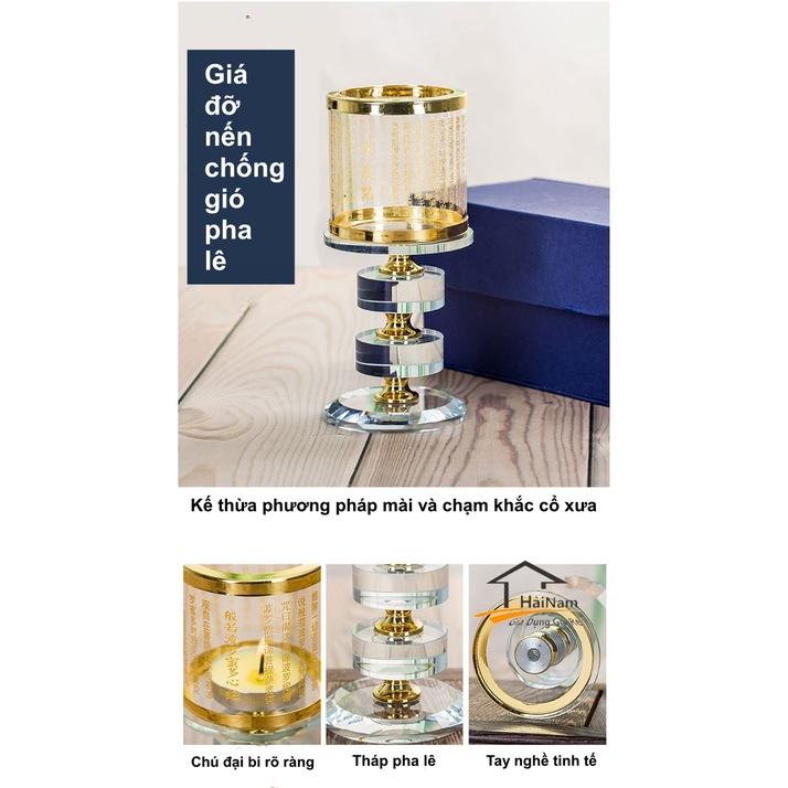 {TẶNG KÈM HỘP} Chân Đèn Đốt Nến Khắc Chú Đại Bi Bằng Thủy Tinh Pha Lê Cao 3 Tầng, Đèn Phật có Chụp chống gió - khắc in Bài chú tâm kinh Decor Decor Phòng Phòng Khách Trang Trí Nhà