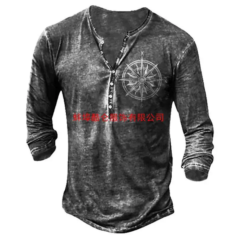 Áo Sơ Mi Nam In Hình Cổ Điển, Vải Mắt Chim, Tay Áo Dài, Cổ Chữ V, Khuy Hở, Cỡ Lớn, Áo Thun Kỹ Thuật Số 3d, Phong Cách Âu Mỹ, Thiết Kế Chữ Thập 1
