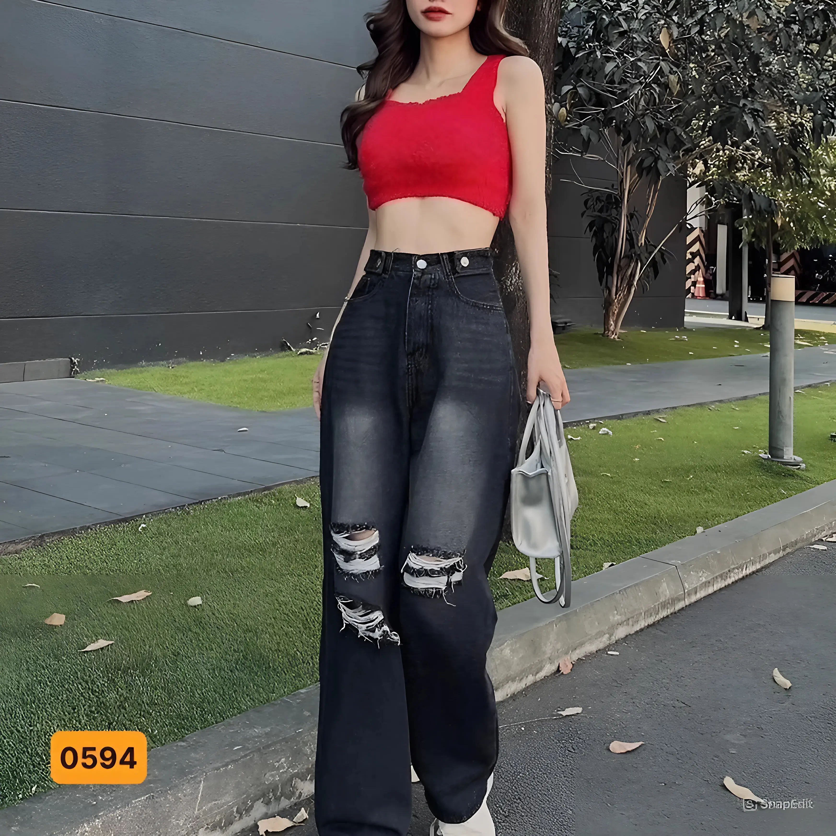 quần ống rộng suông nữ lưng cao rách te tua