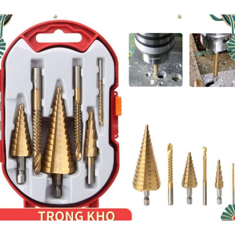 Bộ 6 mũi khoan khoét lỗ đa năng,Mũi khoan hình nón thép phủ titan cỡ 4-12/20/32mm tiện dụng- Khoan được nhiều cỡ lỗ trong 1 mũi khoan 8