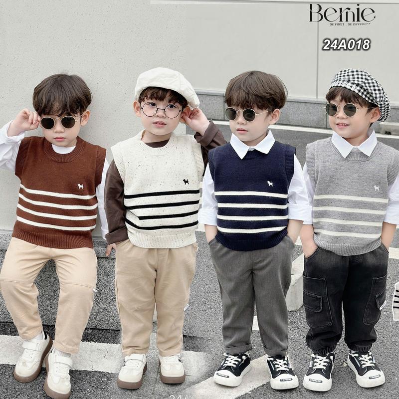 Nhiều mẫu xinh Áo gile len bé trai bé gái kẻ ngang thêu Cún Bernie xinh xắn - Áo len bé trai bé gái size 9-23kg - 24A018
