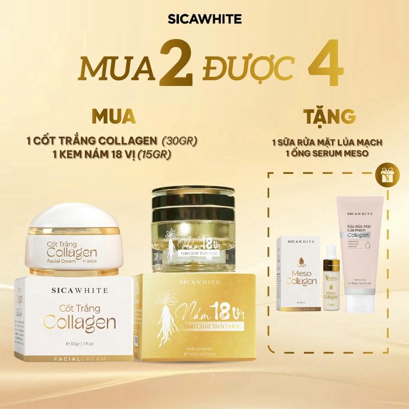  Combo Dưỡng Da Ngày Đêm Cao Cấp - Gồm 1 Kem Nám 18 Vị 15gr + Kem Cốt Trắng Collagen 30gr   Tặng 1 Sữa Rửa Mặt & Serum Meso 