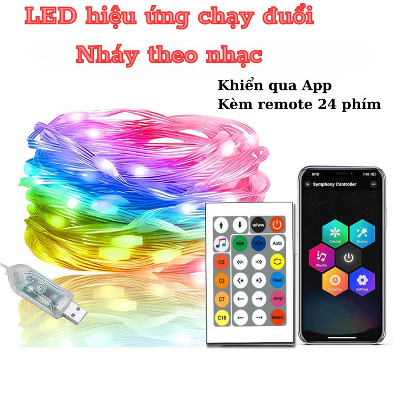 10 Mét Đèn LED đuổi RGB nháy theo nhạc 16 triệu màu Decor trang trí ngoài trời và trong nhà kèm remote 24 phím điều khiển qua App và điều khiển bằng remote nhiều chức năng
