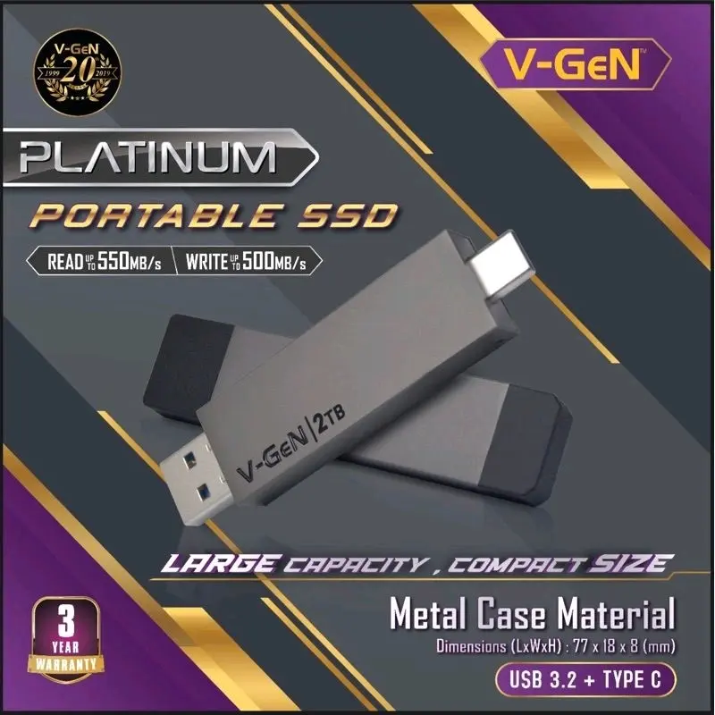 Portable SSD Platinum USB 3.2 Type C Vgen 128GB 256GB 512GB 1TB 2TB Origianl Vgen Portabe SSD Exteranal