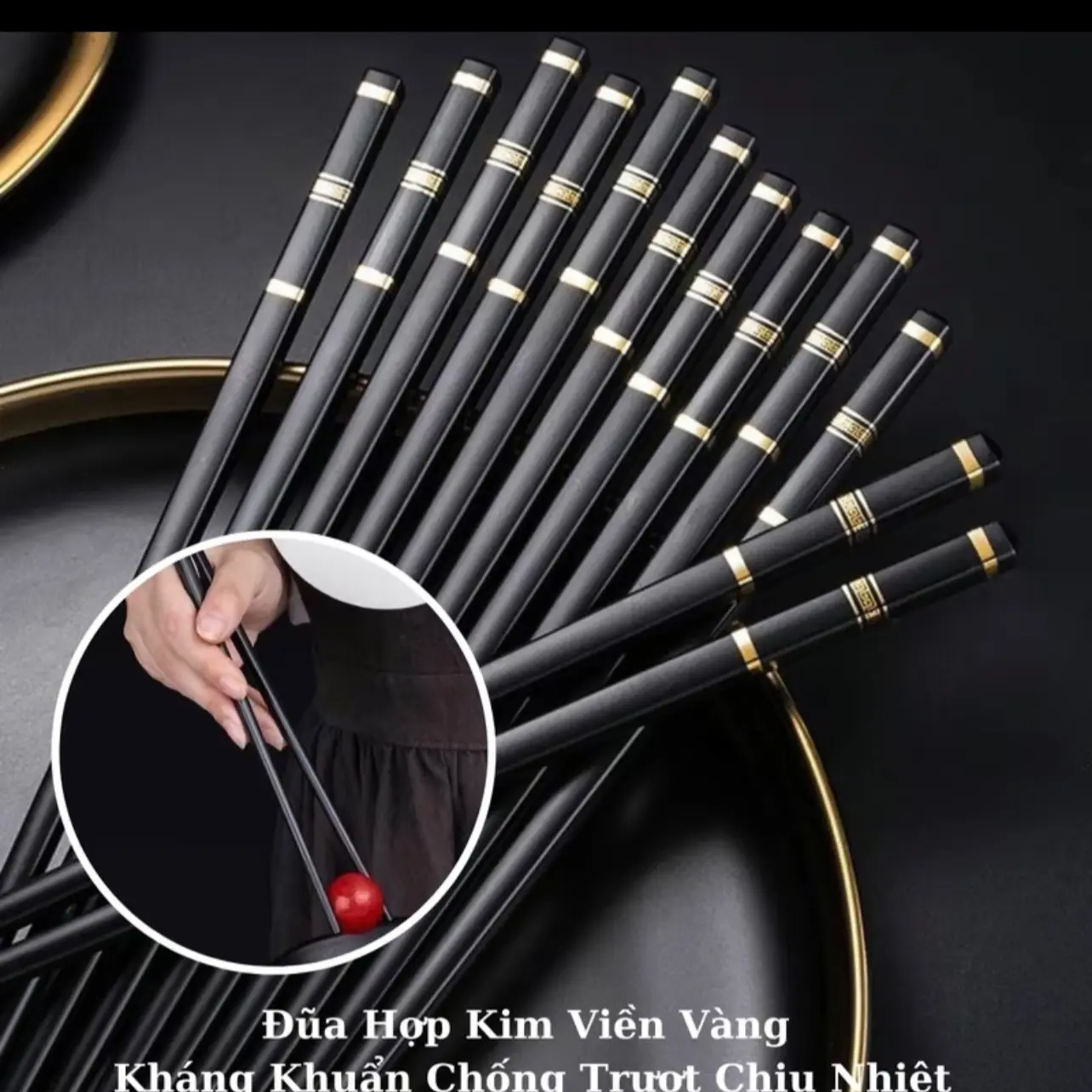Combo 50 Đôi Đũa Hợp Kim Sợi Thuỷ Tinh Viền Vàng Chống Trơn Chống Trượt Chống Mốc Sang Trọng Lịch Sự