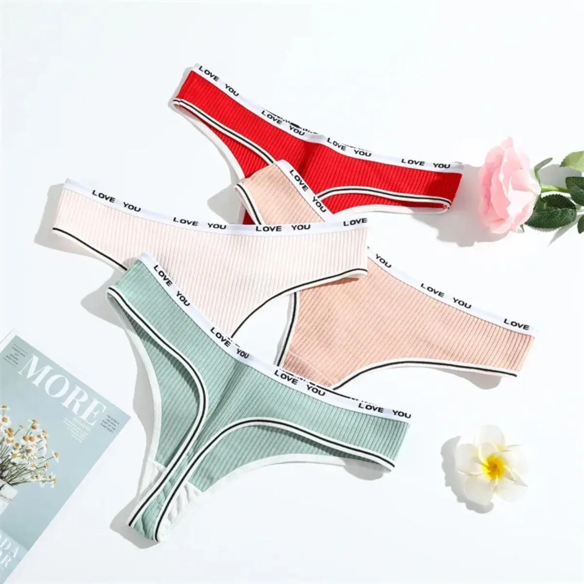 Women's Cotton Thong Letter Low-Rise Panties Underwear Screw Thread Briefs Ladies Lingerie Intimate Underpants