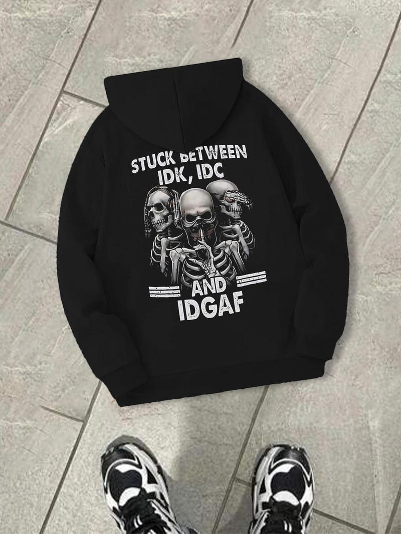 Product Introduction of Men's Skeleton & Letter Print Drop Shoulder Hoodie, Fashion Casual Regular Fit Drawstring Pocket Hooded Sweatshirt for Daily Holiday Outdoor Wear, Men Clothes for Fall & Winter 3